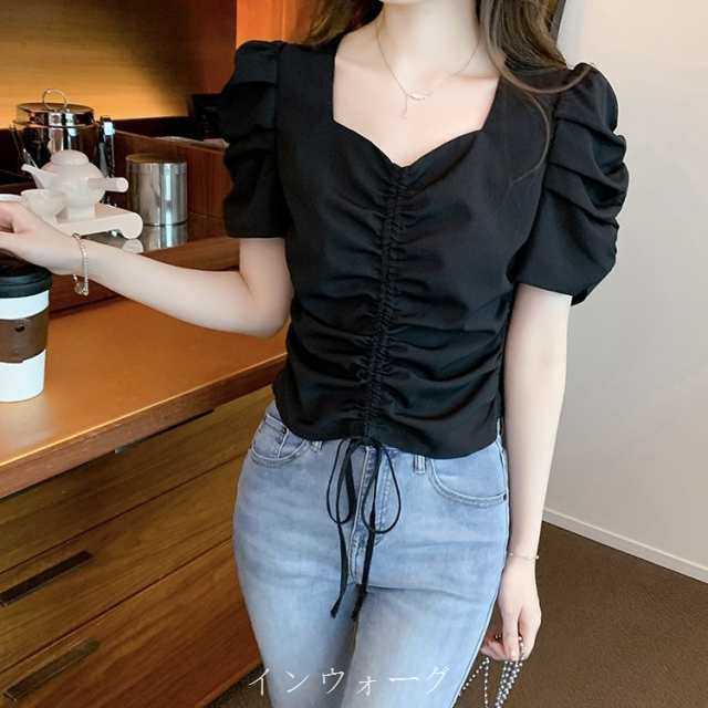 トップス トレンド 韓国風 オルチャン シャーリング デザイントップス カットソー ボリューム袖 袖あり 半袖 細身 ストレート Iライン 襟なし 大人可愛い 綺麗め きれいめ シンプル カジュアル 