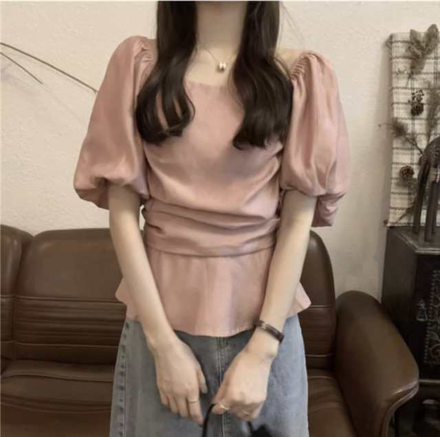 トップス レディース ブラウス カットソー プルオーバー チュニック 送料無料 個性的 夏服 五分袖 二の腕カバー バルーン袖 ぽわん袖 袖あり パフスリーブ スクエアネック フレア セミフレア ペプ
