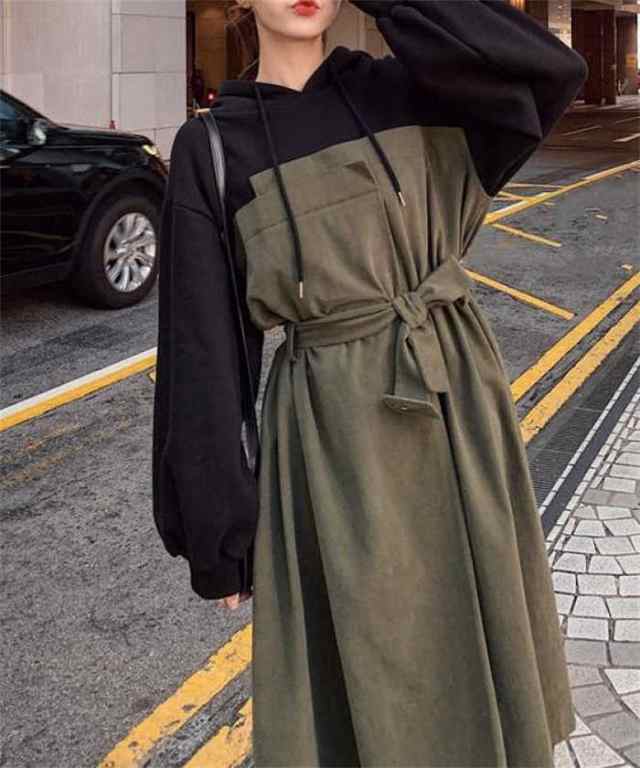 ワンピース パーカーワンピース ワンピ 春 秋 レディース フェイクレイヤード 厚手 フード付き リボン ボウタイ ゆったり バルーン袖 綿 コットン 無地 長袖ワンピース パーカーワンピース ワンピ