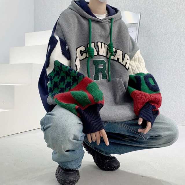 ロゴ パーカー メンズ アラン デザイン 切替 春秋冬 長袖 トップス 韓国 原宿 ストリート 高校生 中学生 通学 通勤 10代 20代 ファッション オシャレ 17812ロゴ パーカー メンズ ア