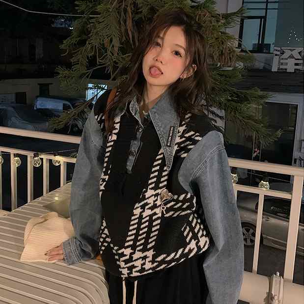 アウター レディース Gジャン ジャケット 切り替え ニット ラージカラー 千鳥格子 ベスト ドッキング 長袖 ドロップショルダー 無地 ベーシック トレンド ボタン 前開き ポケット ヴィンテージ風