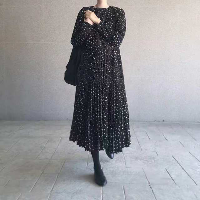 レディース ワンピース シャツワンピ クルーネック 総柄 ドット 水玉 ミモレ丈 シフォン プリーツ タック パワーショルダー Aライン 長袖 女性用 楽ちん こなれ感 カジュアル スタイルアップ 大