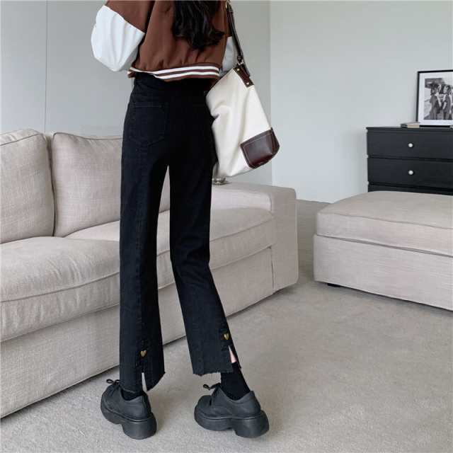ボトムス パンツ レディース Gパン ズボン ジーンズ デニムパンツ ハート スリット カットオフ セミフレア ロング デニム 無地 スリム 細身 ストレート ハイウエスト ストレッチ ポケット 体型