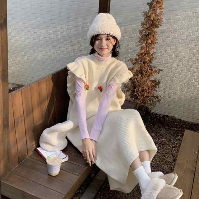 ワンピース レディース ジャンパースカート ニット 花柄 モチーフ ワイドワンピース ロング丈 クルーネック フリル ノースリーブ レトロ レイヤード ゆったり タイトめ 体型カバー 着痩せ おしゃれ