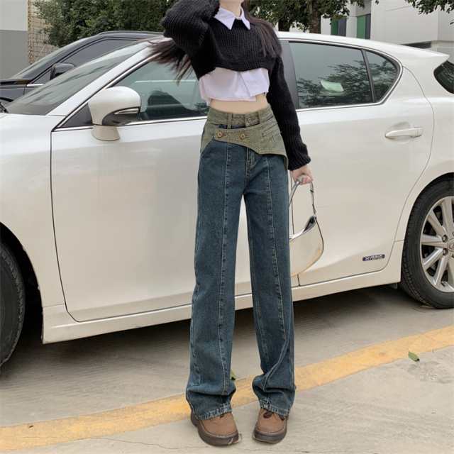 パンツ レディース Gパン ズボン ジーンズ ストレートパンツ ワイド バイカラー ベルト 切り替え ラップ 巻き ストレートデニム ロング 無地 ライン ハイウエスト モテ 体型カバー 美脚 脚長 