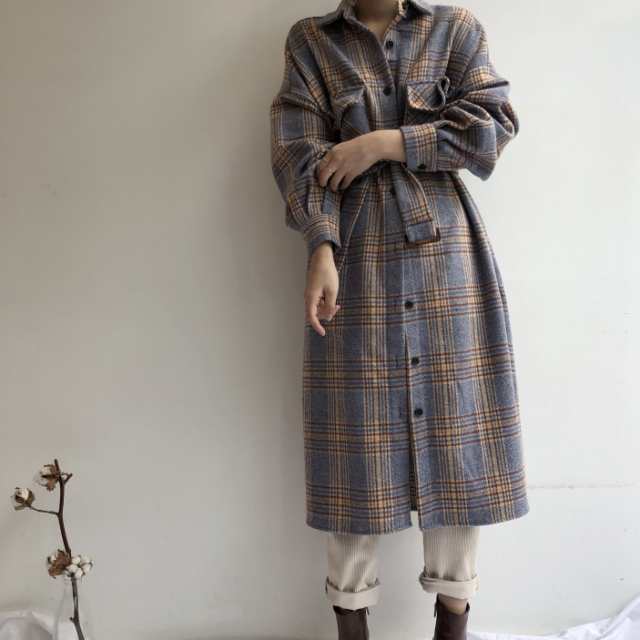 アウター レディース コート ジャケット チェック柄 バイカラー 厚手 長袖 ロング丈 大きいサイズ 女性用 体型カバー ゆったり オーバーサイズ 楽ちん こなれ感 ラフ カジュアル スタイルアップ 