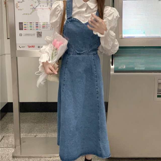 サスペンダースカート ワンピース レディース デニム ロング丈 サロペット ハート ワイド ハイウエストミモレ丈 フレア Aライン 女性用 楽ちん こなれ感 体型カバー ラフ カジュアル スタイルアッ