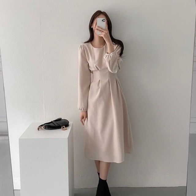 レディース ワンピース 長袖 ジップ ミモレ丈 クルーネック ボックスプリーツ タック ハイウエスト フレア 体型カバー 女性用 個性的 存在感 上品 楽ちん こなれ感 カジュアル スタイルアップ O