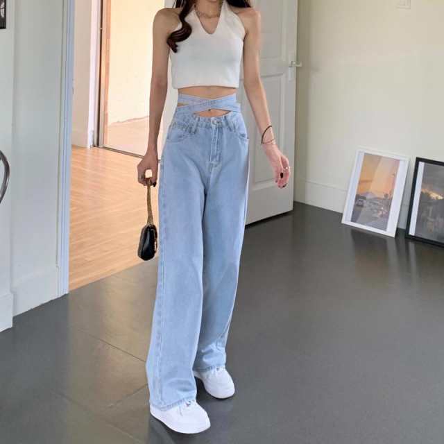 パンツ レディース Gパン ズボン ジーンズ ストレートパンツ クロスストラップ ワイド ライトブルー ヴィンテージ風 切り替え ストレートデニム ロング 無地 ポケット ハイウエスト モテ 体型カバ