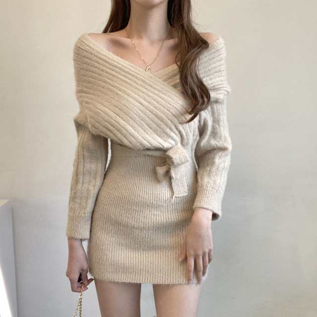 ワンピース レディース ニット ドレス タイトスカート カットアウト モヘア 2WAY Vネック オフショルダー デコルテ タック 切り替え ショート丈 ミニ丈 リブ ボディコンシャス 細身 かわいい