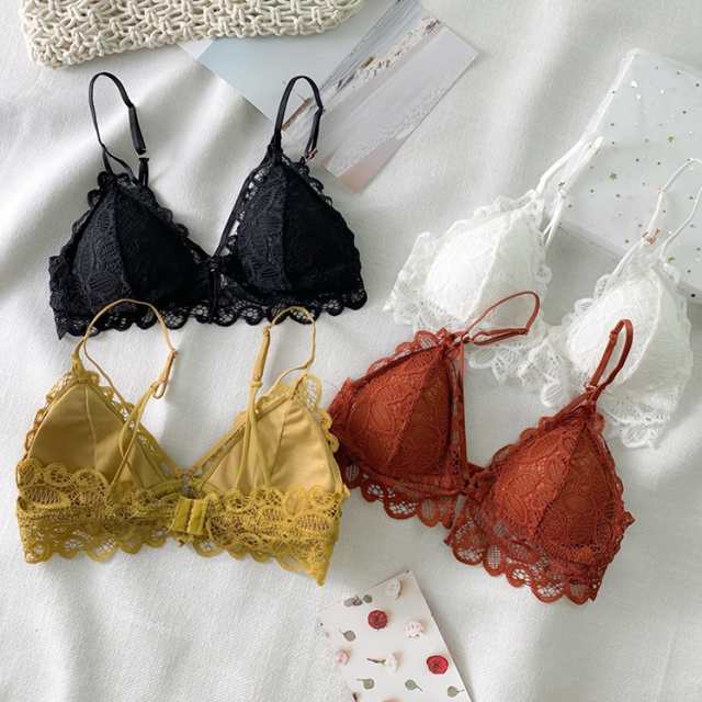ブラジャー レディース ブラレット インナー ショーツ セット ブラック ホワイト レッド 花柄 総レース ダブルストラップ ホック バックコンシャス 紐ストラップ 華奢 三角ビキニ ノンワイヤー ブ