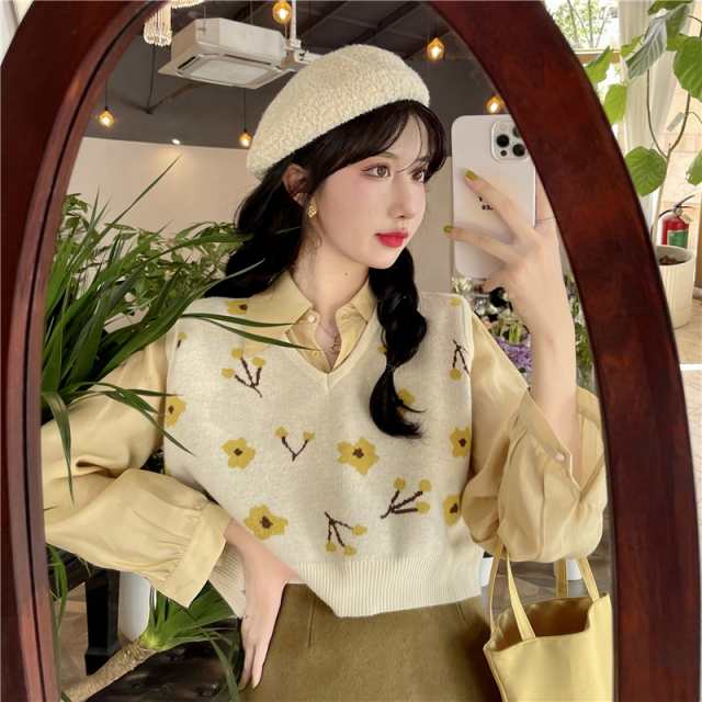 トップス レディース セーター ニットベスト ジレ ショート丈 スリット 花柄 モチーフ クラッシュ加工 スリーブ Vネック レトロ レイヤード プルオーバー ゆったり オーバーサイズ 体型カバー 着