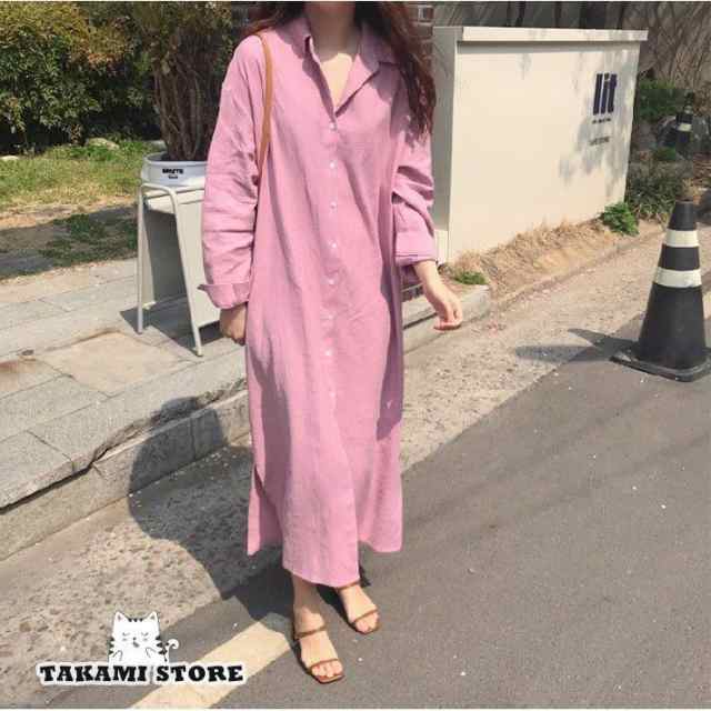 ● 商品名 ●シャツワンピース ロング 長袖 大きいサイズ 春 秋 冬 ピンク ワンピース ロング丈 レディース マキシワンピース ドロップショルダー 体型カバー ゆったり カジュアル シンプル 韓国