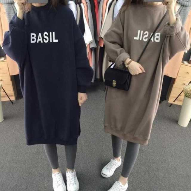 ２色 トップス トレーナー レディース 春 秋 カジュアル ゆったり 長袖 オーバーサイズ ひざ丈 ロング 大きめ ミモレ丈 長袖 萌袖 クルーネック BIGシルエット ワイド 灰色 グレー ネイビー