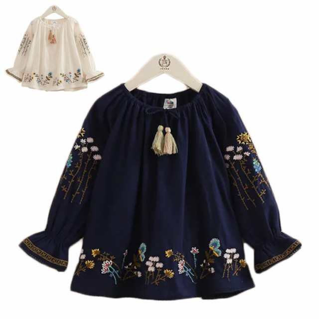 商品説明 刺繍ブラウス キッズ ブラウス オシャレブラウス 刺繍 春秋 韓国 女の子 プリンジ コットン 長袖 ロングブラウス 送料無料 シンプル カジ