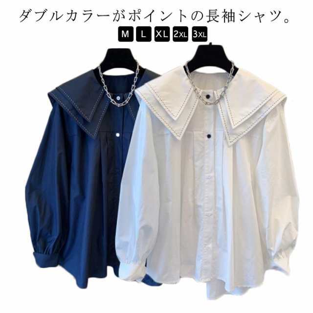 商品説明 長袖シャツ トップス セーラーカラー ダブルカラー レディース 大人 シャツ 秋冬 ビッグ襟 ブラウス タック ふんわり ボリューム袖 前開