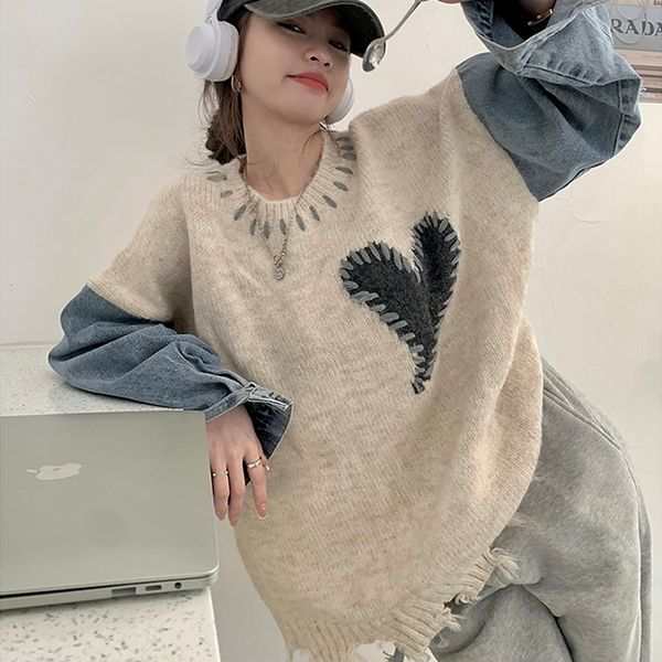セーター ニットトップス ダメージ加工 デニム パッチワーク ステッチ フェイクツーピース 袖あり 長袖 ボリューム袖 ビッグシルエット オーバーサイズ 異素材ミックス デート ドロップショルダー ド
