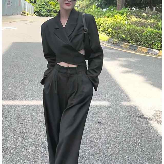 トップス ボトムス パンツ セットアップ ジャケット スーツ ワイドパンツ ウエスト絞り ストレートパンツ レギュラー丈 袖あり 長袖 ストレート ポケット 上下セット かわいい きれいめ シンプル 