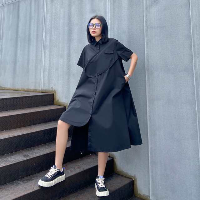 ワンピース ロング シャツ ワンピ レディース 半袖 モード系 個性的 不規則 大人 きれいめ ゆったり ルーズ おしゃれ 黒