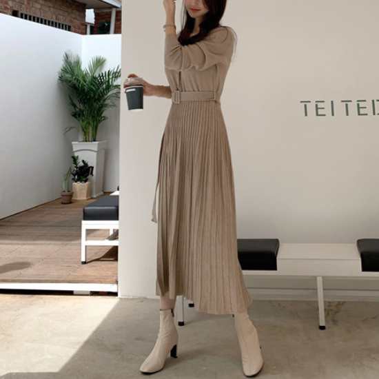 2色 ワンピース 長袖 春冬 きれいめ 大きいサイズ ロング フォーマル aライン ニット ワンピ ミモレ丈 Vネック セミフレア プリーツ ベル