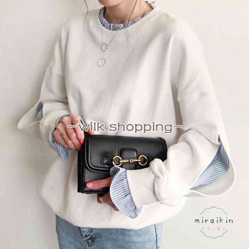 トレーナー レディース 切り替え 長袖 春秋 トップス プルオーバー Tシャツ ショート丈 可愛い 20代30代40代50代 丸首 無地ストライプ 異素材 白 グレー