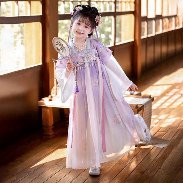 子供服漢服 ワンピース キッズ 女の子 カジュアル お姫様 中国風 ドレス dress 刺 -柄 誕生日 七五三 紫色 長袖 おしゃれ 可愛い 普段用 お祝い お出かけ 春夏新品