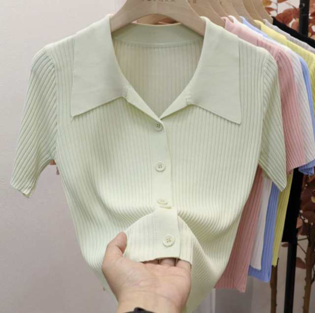 トップス ポロシャツ ショート丈 袖あり 半袖 5分袖 五分袖 Vネック シャツ襟 開襟 ストレート リブ リブニット 伸縮性 前ボタン サマーニット かわいい 大人可愛い シンプル カジュアル 大人