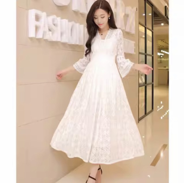 レトロ 韓国 トレンド ワンピース レース ロングスカート フレアスカート ワンピドレス ミモレ マキシ 袖あり 7分袖 七分袖 ボリューム袖 フレアスリーブ Vネック フレア スリム タイト 細身 