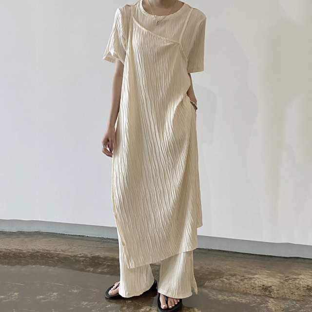 セットアップ Tシャツ キャミソール ワイド パンツ 2点セット 上下セット 半袖 シワ加工 プリーツ スリット 上下セット お得 大人可愛い きれいめ シンプル カジュアル かっこいい エスニック 