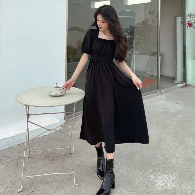 ワンピース スクエアネック ミドル丈 ブラック M L XL 2XL 3XL 4XL かわいい かっこいい レトロ 大人女子 主役級 存在感 20代 OL 学生 デート 女子会 着回し 普段使い ファ