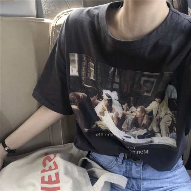 フォトプリントTシャツ カットソー 2色 レトロ 半袖 写真 春 夏 ラウンドネック ゆったり キュート 無地 韓国ファッション おしゃれ レディース トレンド カジュアル 普段着 デイリー 通学 デ