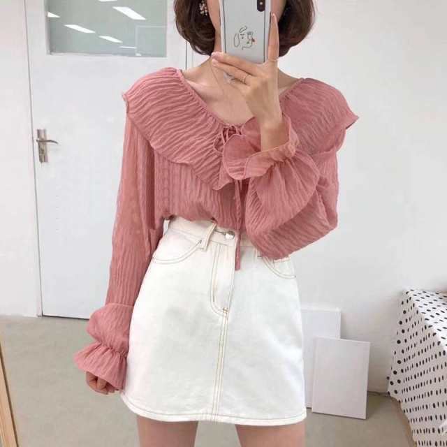 春 夏 おススメ！ シフォンブラウス -ネック リボン ボリューム袖 バルーンスリーブ プリーツ 長袖 フリル おしゃれ かわいい 大人 スタイリッシュ ワンサイズ 韓国ファッション レディース トレ