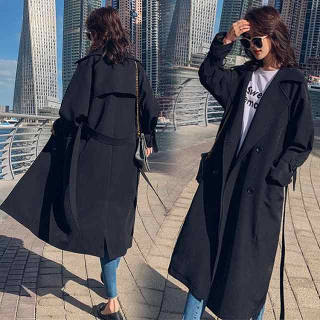 トレンチコート レディース アウター 秋服 ジャケット 40代 ロング丈スプリングコート 春コート 黒 韓国風 オーバー 30代 40代 50代 大きいサイズ オシャレ