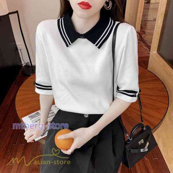 レディース トップス Tシャツ 着痩せ ニット きれいめ 女性着 ポロ 着回し 学院風 5分袖 可愛い 配色切替 上品 20代 新作 夏コーデ サマー風 アウトドア
