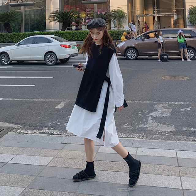ベスト 付き シャツ ワンピース レディース 2点 セット ツーピース フレア 膝丈 ノースリーブ 長袖 クルーネック スリット サイドスリット リボン かわいい 大人 きれいめ シンプル カジュアル