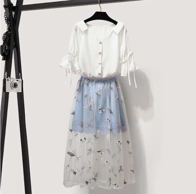 レディース トップス スカート シャツ ブラウス シースルー ロングスカート フレアスカート チュールスカート リボン 透け感 ロング丈 袖あり 襟付き 半袖 7分袖 Vネック リーフ 刺繍 上下セッ