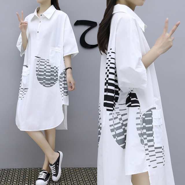 レディース トップス ロングシャツ 通販 柄 プリント シャツ 個性的 5分袖 半袖 袖あり 膝丈 シャツワンピ 襟付き ポロ襟 ボタン モノトーン 綿 コットン カジュアル ゆったり ゆる ルーズ 