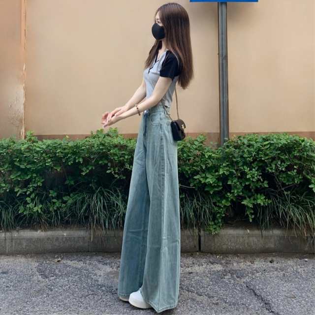 ボトムス パンツ レディース Gパン ズボン ジーンズ ワイドパンツ タック ロング デニム 無地 ライン カットオフ ハイウエスト ボタン ポケット モード ダメージ 体型カバー 美脚 脚長 青 ブ