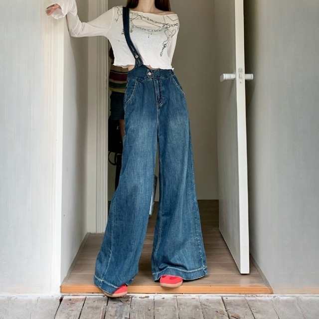レディース デニム サロペット ワイドパンツ オーバーオール 肩紐 サスペンダー ワイドパンツ ベルト Aライン ハイウエスト 女性用 楽ちん こなれ感 体型カバー ラフ カジュアル スタイルアップ 