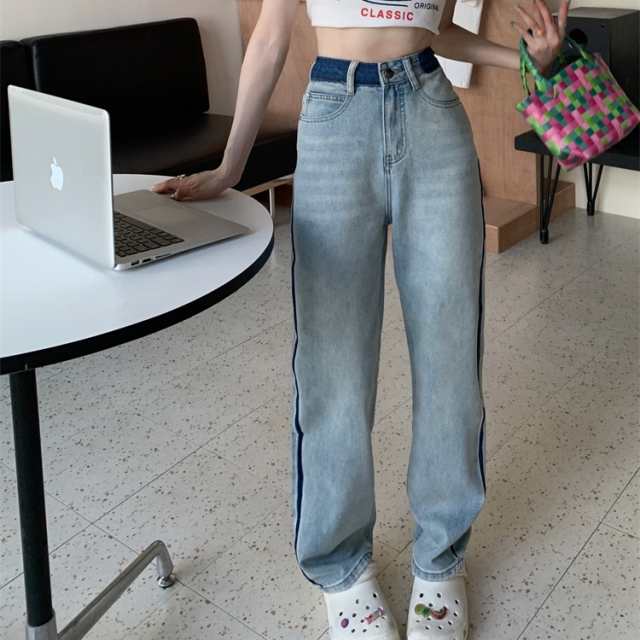 パンツ レディース Gパン ズボン ジーンズ ストレートパンツ ワイド バイカラー ベルト バイカラー サイドライン 切り替え ストレートデニム ロング 無地 ライン ハイウエスト モテ 体型カバー 