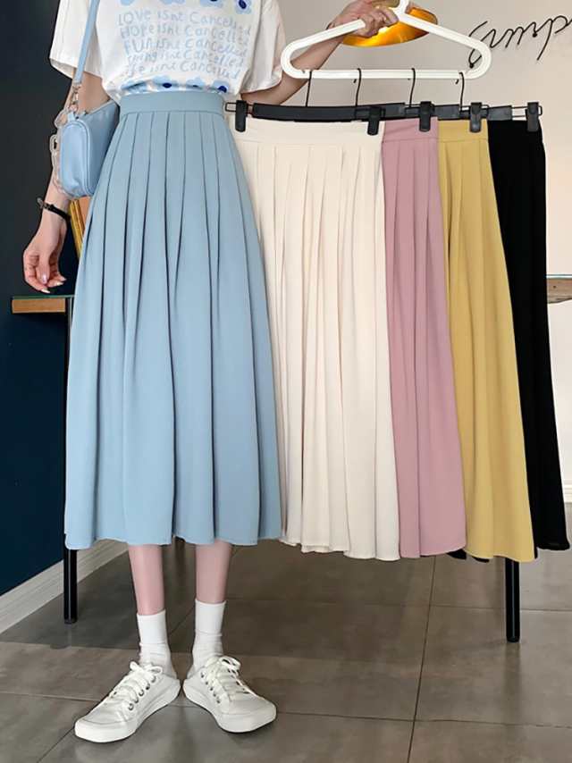 全5色×5サイズ！プリーツ加工スカート プリーツスカート スカート 春夏 ロングスカート 膝下丈 ミモレ丈 Aラインスカート タック ハイウエスト 無地 おしゃれ 可愛い