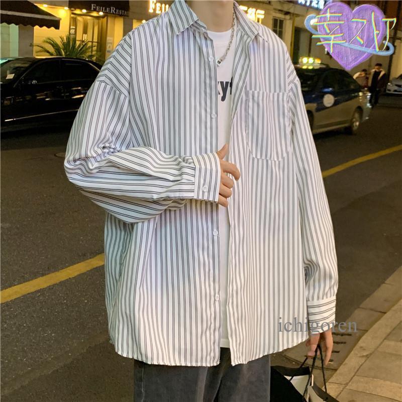 シャツ メンズ 長袖 オーバーサイズ ビッグシルエット ストライプ 柄 前開き 大きいサイズ 2XL オーバー ボタン カジュアルシャツ 春 秋