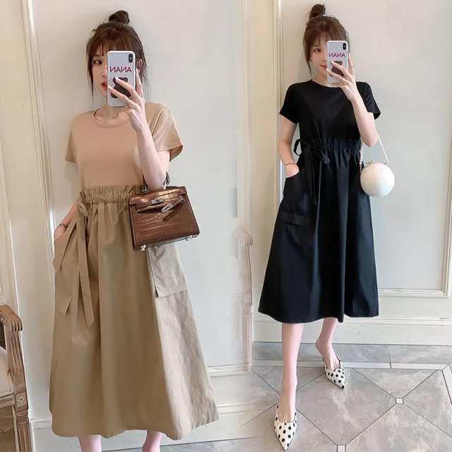 ワンピース レディース ロングワンピース 切り替え 配色 ミモレ丈 ロング ドッキング Aライン フレアワンピース ウエストリボン 大人 上品 春 夏 ワンピ 半袖 大きいサイズ フォーマル 結婚式