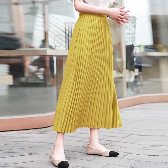 プリーツ スカート 通販 おすすめ ボトムス ロング ミモレ丈 大人 上品 ハイウエスト ウエストゴム 楽ちん Aライン シフォン ふんわり 裏地付き エレガント 清潔感 上品 通勤 通学 お出かけ 
