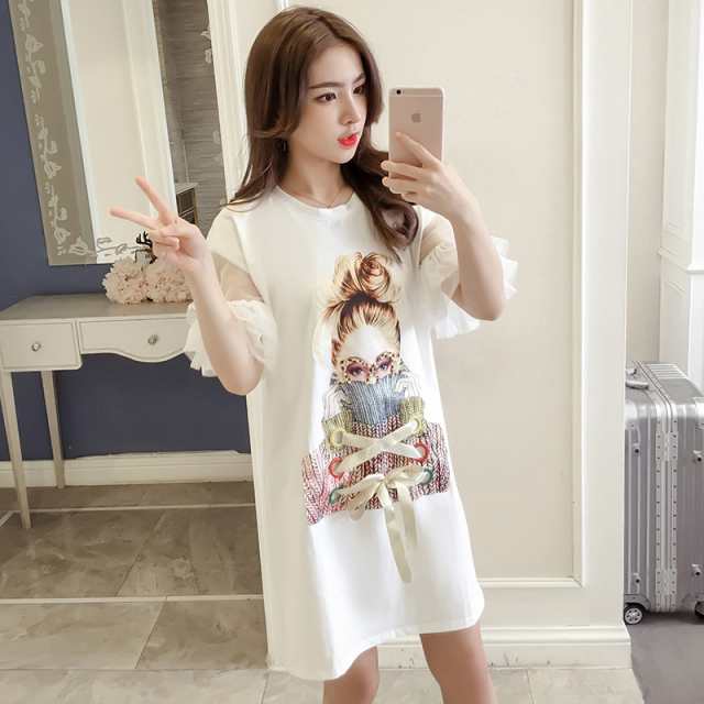 ロンT ガール柄 プリント ティアードスリーブ 袖シースルー 透け感 半袖 Tシャツワンピ マイクロミニ ミニ丈 膝上 レースアップリボン カラフルハトメ ゆったり オーバーサイズ ドロップショルダー