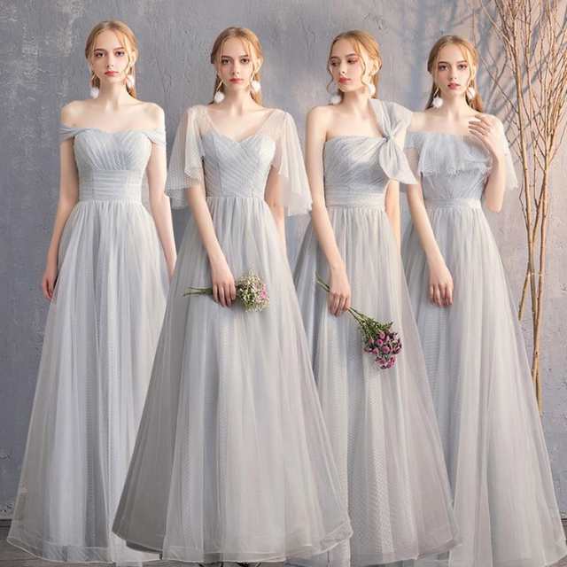 【送料無料】ブライズメイド ドレス ロング グレー 4タイプ お揃いドレス パーティードレス 結婚式 ワンピース ロングドレス 演奏会 エンパイア フォーマル