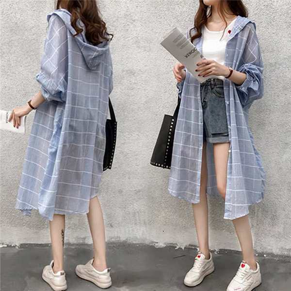 ロングシャツ ラッシュパーカー ロングパーカー シャツ UVカット チェック柄 長袖 UVパーカー ブラウス 薄手 ひんやり 紫外線対策 日焼け防止