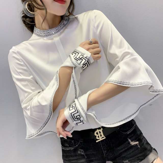 ブラウス ワイド カット チャイナ 長袖 レディース 春 秋 ゆったり 大きめ 大きいサイズ エレガント 体型カバー ＸL ２ＸL 3ＸL 個性派 個性的 トップス シャツ カットソー 7分袖 白 黒