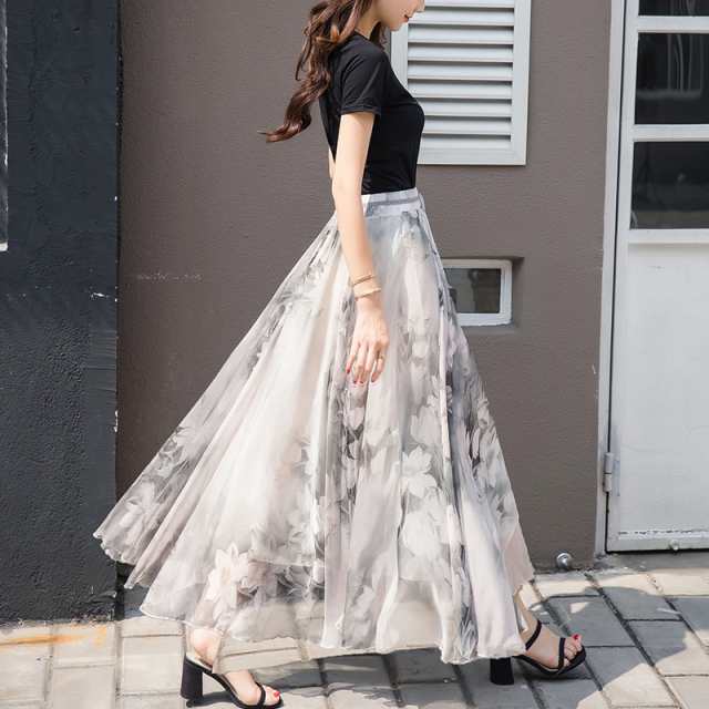 チュールシフォン スカート ワンピース アンクル丈 透け感 2WAY 大人可愛い かわいい カジュアル サイズ S M L XL ホワイトグレー グリーン ダークグレー ピンク ブラック 花柄 春 夏