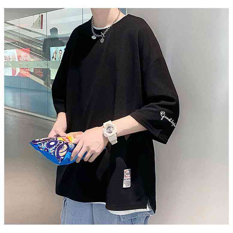 Tシャツ メンズ 刺しゅう ロゴ 英字 七分袖 カットソー クルーネック 大きいサイズ ビッグシルエット ドロップショルダー ストリート 春 夏 涼し